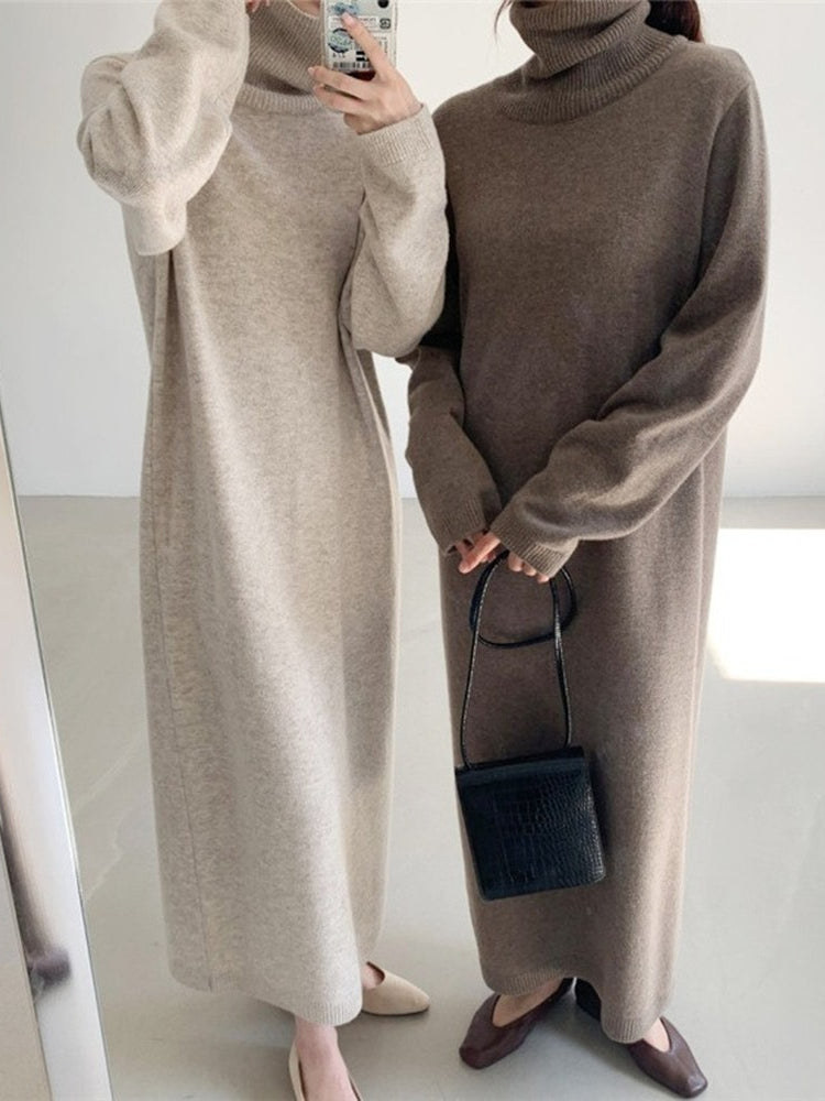 Casual Dresses Thick Winter Women&#039;S Dress Fall Sweater Women Dress Long Sleeve Knitted Dresses Maxi Vintage Oversize Dresses Knitting 230313