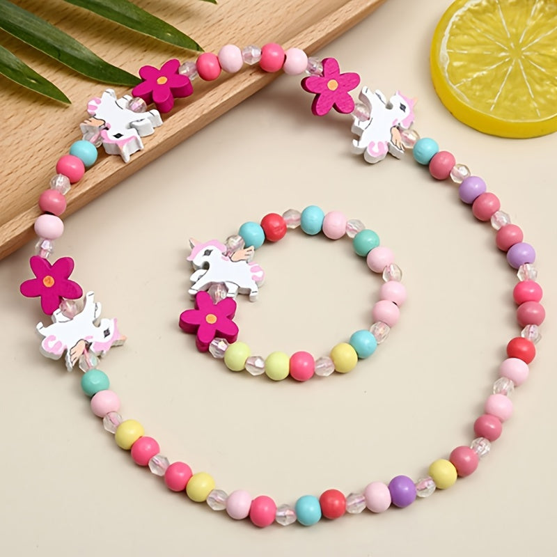 TEMU Adorable Unicorn Beaded Necklace & Bracelet Set For Girls - Candy-colored Wooden Beads, Perfect Gift