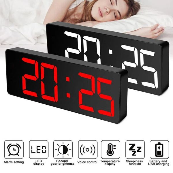LED Voice Control Digital Alarm Clock Teperature Snooze Night Mode Desktop Table Clock 12-24H Electrnic Mirror Clock Home Decor 250113