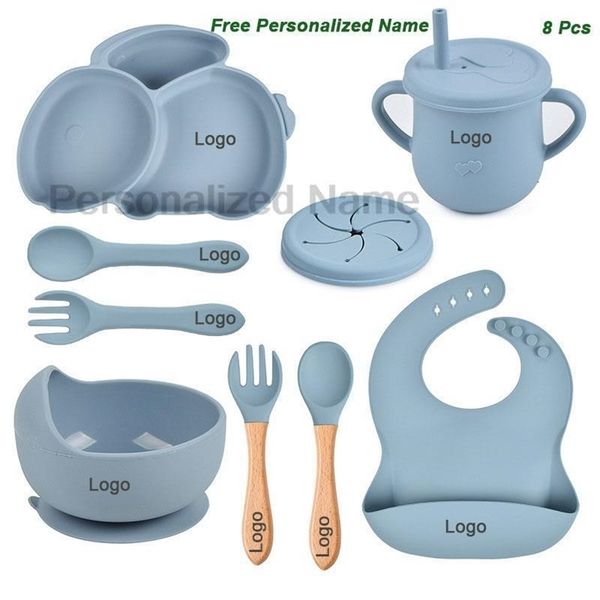 Cups Dishes Utensils Free Personalized Name Baby Silicone Rabbit Divided Plate Set Baby Feeding Dishes BPA Free Bowl Plate Bibs Spoon Fork S
