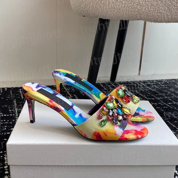 Elegant Women&#039;s stiletto Slides mules sandals Silk rhinestone heels Scuffs shoes luxury designer High-heeled slippers factory footwear