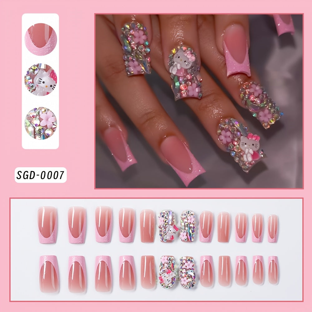 TEMU 24pcs Hellokitty Press On Nail Tips -summer Press-on Nails Glossy Floral Fake Nails With Jelly Glue,reusable Nail Art, Suitable For Women And