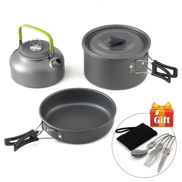 Camp Kitchen Portable Non stick Aluminum Alloy Camping Cookware Outdoor Cooking Teapot Picnic Tableware Kettle Pot Frying Pan 3pcs set 23082