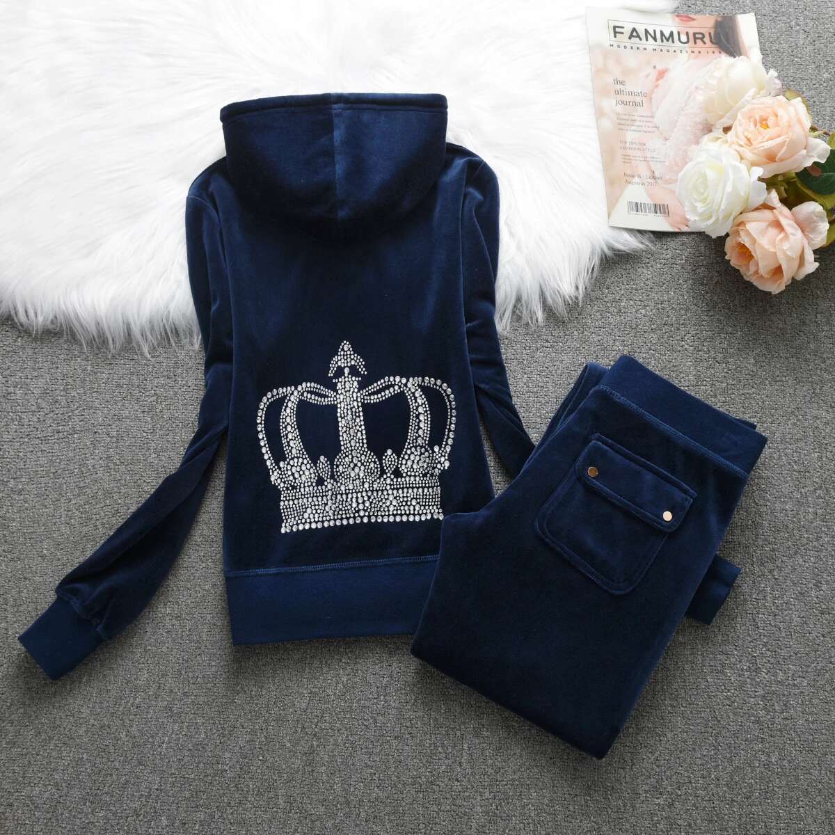 Y2k Veet Tracksuit 2025 Winter Trousers Set Women Solid Color Crown Crystal 3D Trim Hoodiecasual