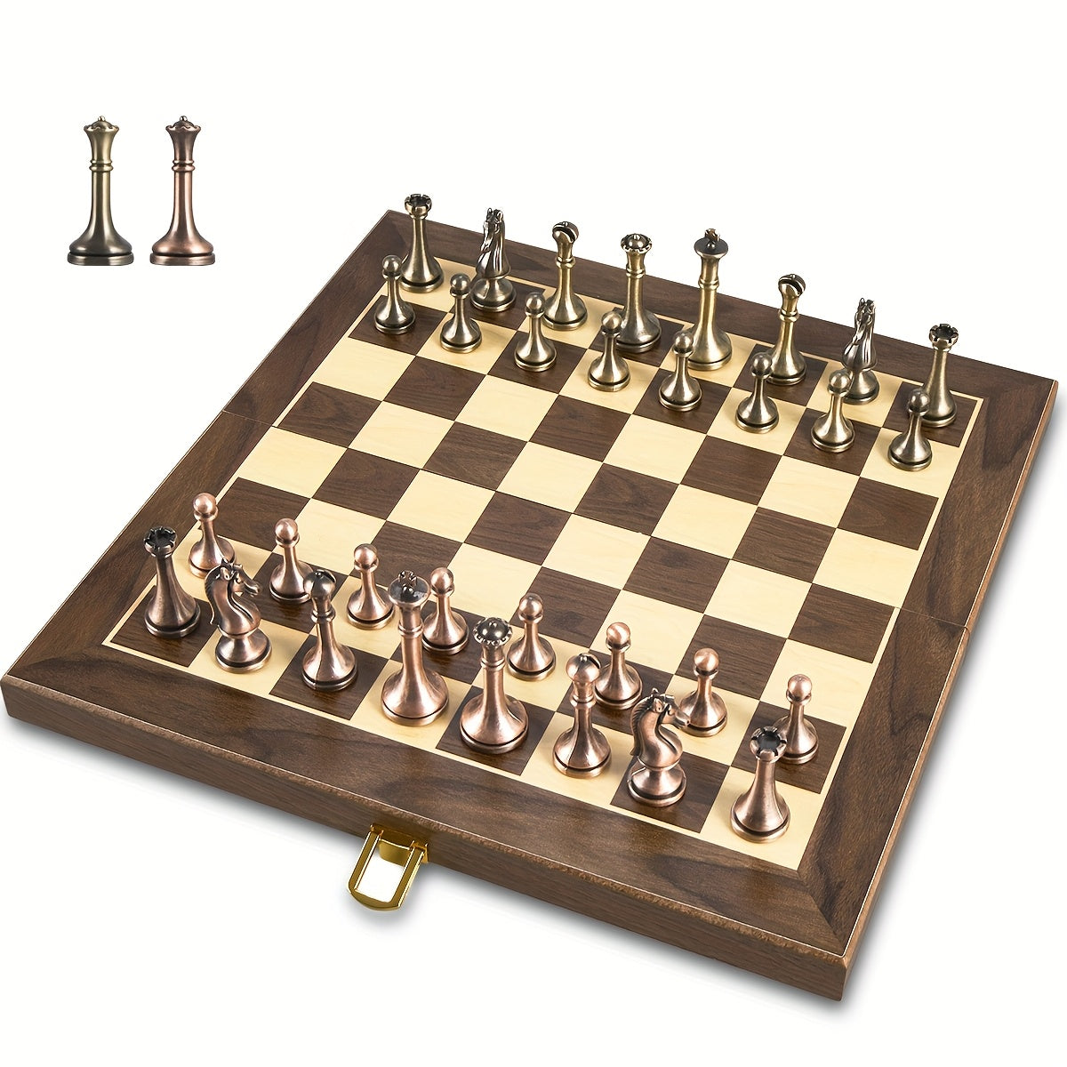 TEMU 12 Inches Wooden Chess Set For Adult | Retro Metal Alloy Pieces With 2 Extra Queens, Portable Travel Chessboard Game For Beginners, Ideal