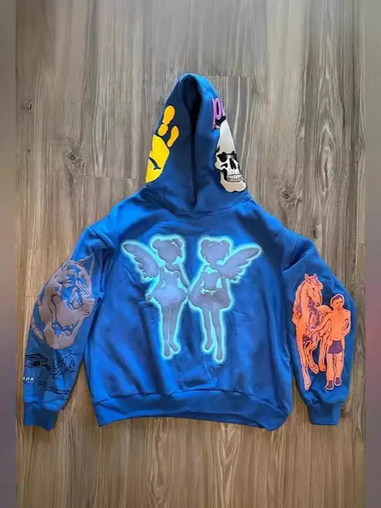 American style Y2K cartoon street hair bubble print hip-hop trendy top for both men and women loose pullover hoodie 250806