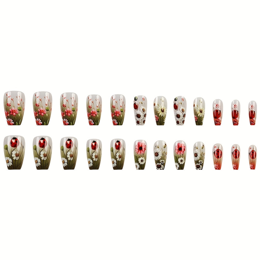 TEMU 24pcs Glossy Press On Nails Short - Floral Glitter Fake Nails With Daisies, Roses & Ladybugs, Reusable Artificial Nails For Women & S, False