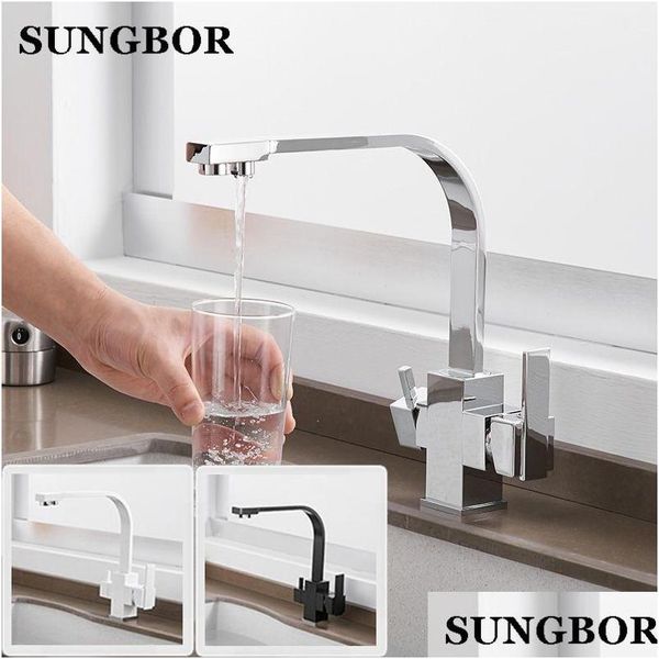 Kitchen Faucets Black Square Kitchen Faucets 360 Degree Rotation 3 Way Water Filter Tap Solid Brass Sink Mixer T200805 Drop Delivery Dh7Jf
