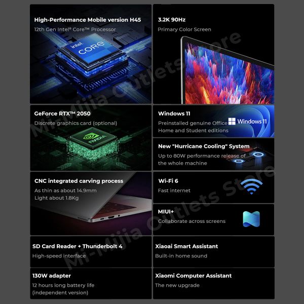 Xiaomi Redmibook Pro 15 Laptop 12th Inter Core I7-12650H i5-12450H Notebook 16 GB 512GB-1TB SSD RTX 2050 3.2K 90Hz Screen PC