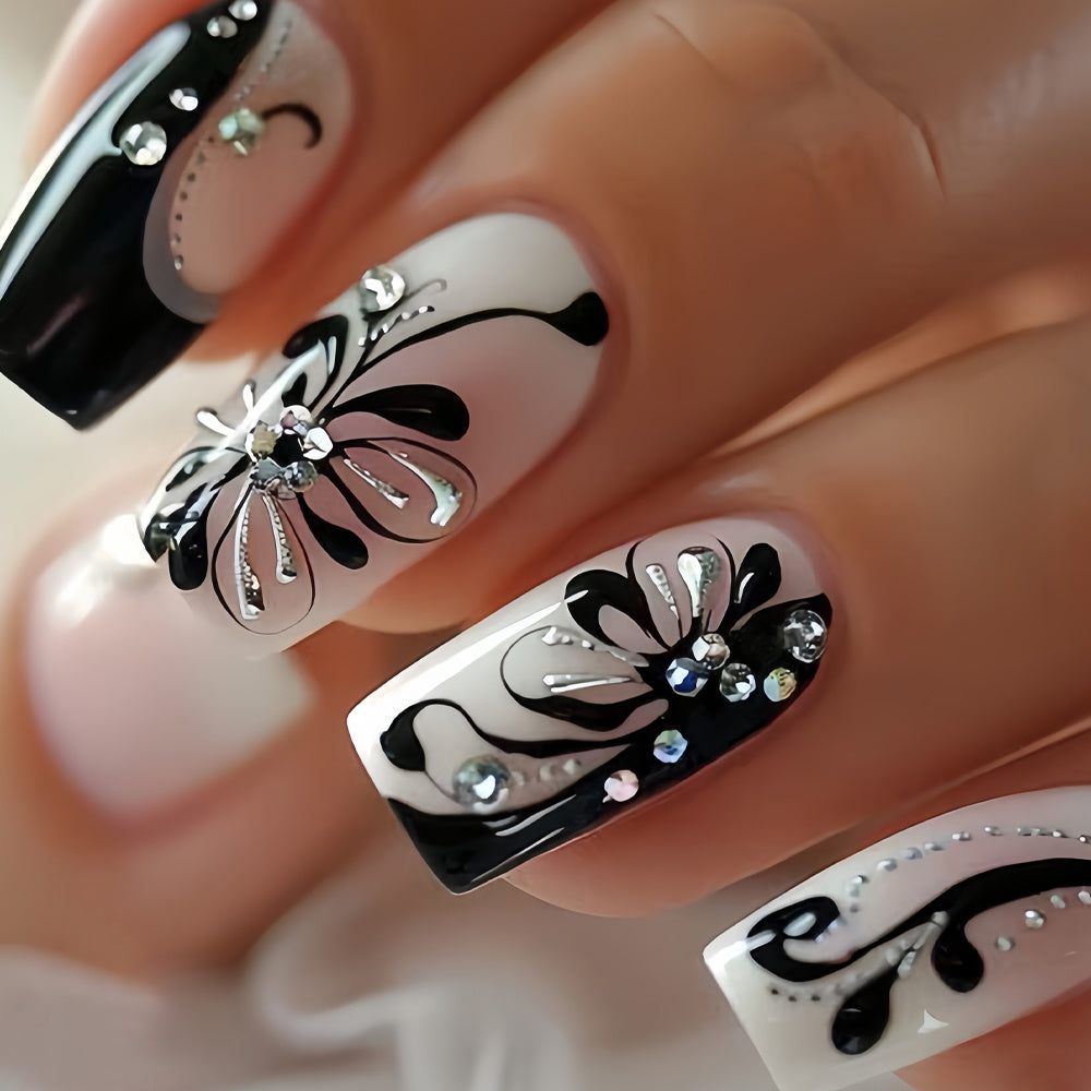 TEMU Enhance Your Beauty 24pcs Chinese Square Elegant Cool Black Floral Stripe Shiny White Gradient Glossy French Fake Nails Fashionable Versatile