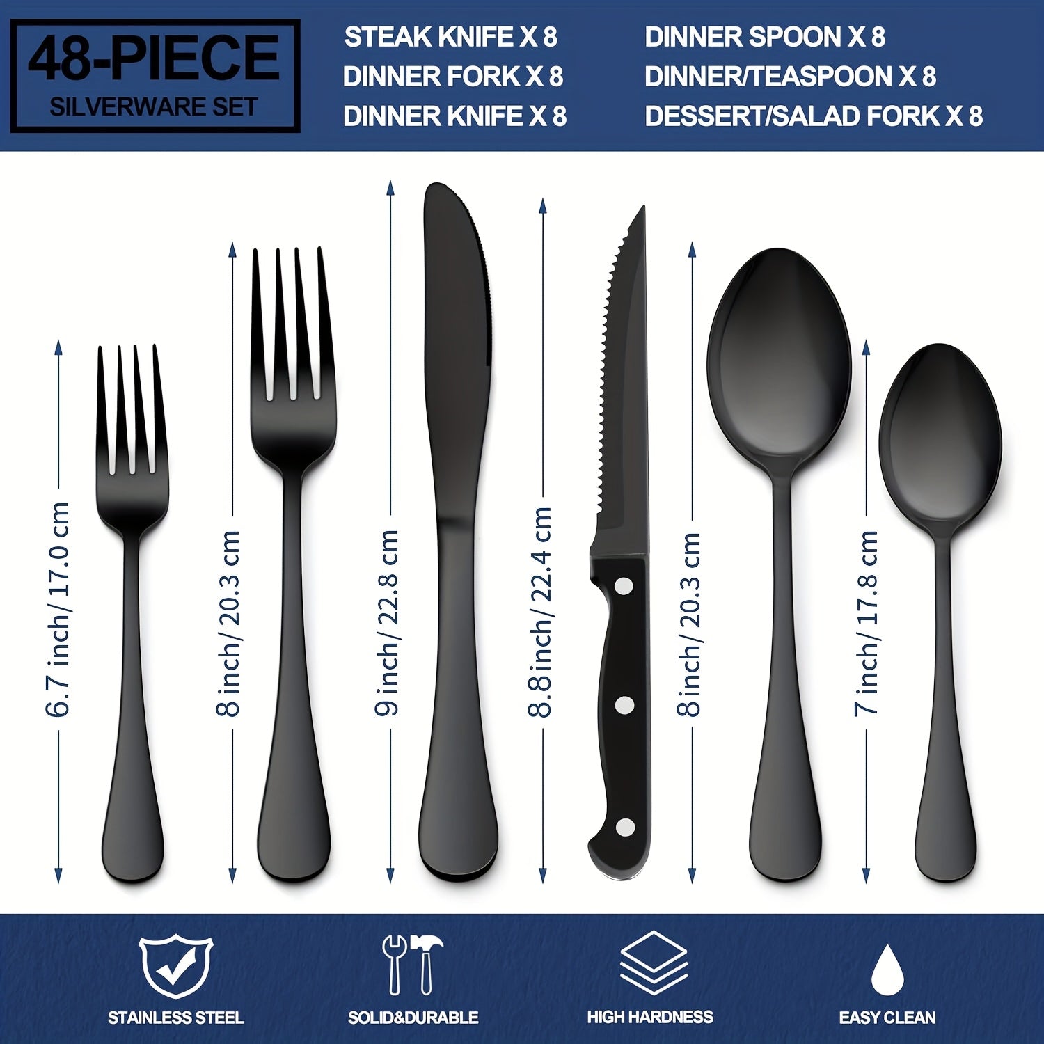 TEMU 24-48pcs Black Silverware Set With Steak Knives Service For 4-8, Halloween Stainless Steel Flatware Set, Mirror Polished Kitchen Accessories,