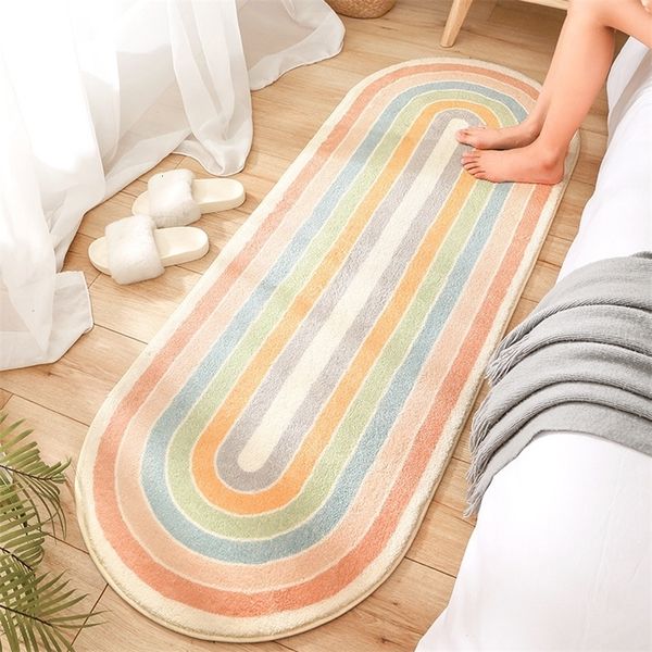 Carpet Oval Long Bedside Rainbow Striped Rug Soft Nonslip Living Room Floor Mat Bedroom Area Thick Furry Tapis 230321
