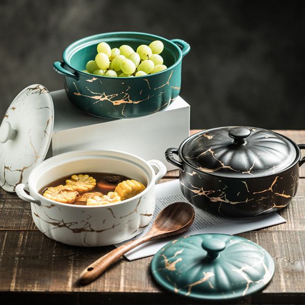 Soup Stock Pots Nordic Simplicity Ceramic Soup Plate With Lid High Quality Vintage Marble Double Ear Soup Bowl Kitchen Tableware Tureens 221