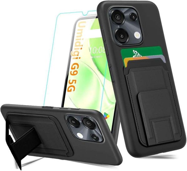 G9A Phone with Tempered Glass Screen Protector, Folding Card Holder- Slots Kickstand-Stand Wallet Shockproof Protective Cover Case for Umidi
