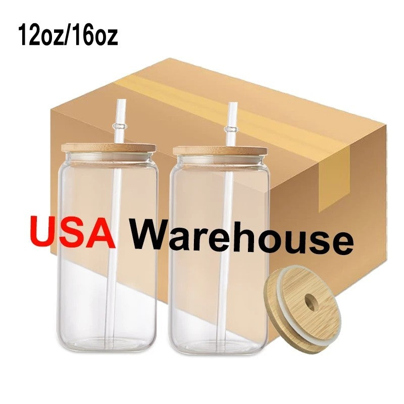 Clear Matte Sublimation Glass Mugs 12oz 16oz Can Shaped Summer Ice Tea Beer Drinkware Cups Blanks DIY Tumblers With bamboo Lid And Plastic Straw
