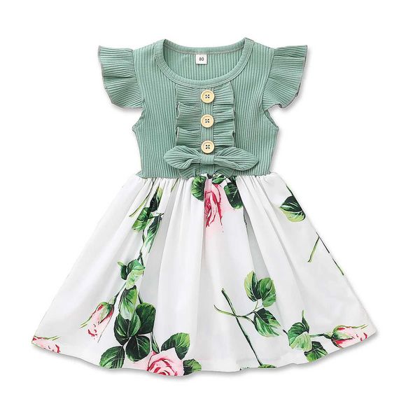 Childrens clothing girls clothing 2024 new summer pleated sleeves flower printed childrens girls clothing 1 2 3 4 5 6 years W240902