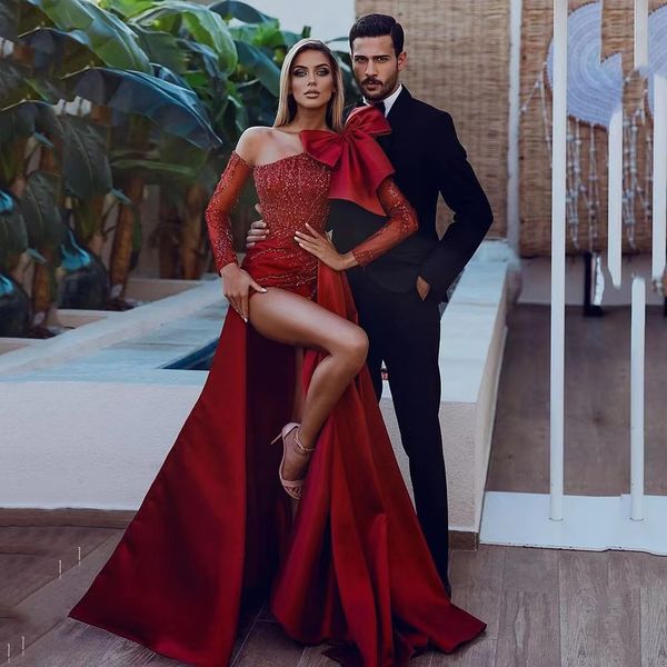 Red Glitter Evening Dresses off shoulder Long Sleeves Sequins Prom Gown Custom Made Formal Party Front Split Floor Length Vestido de novia