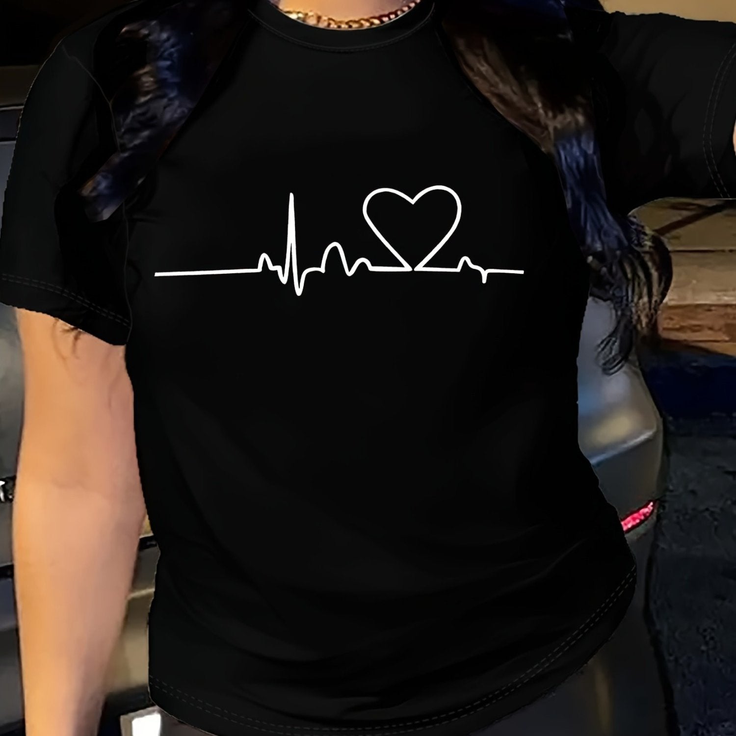 TEMU Everyday | Women's T-shirt With Elegant Heartbeat Design - Short Sleeve, Crew Neck, Casual Top - , Plain T Shirts For Ladies