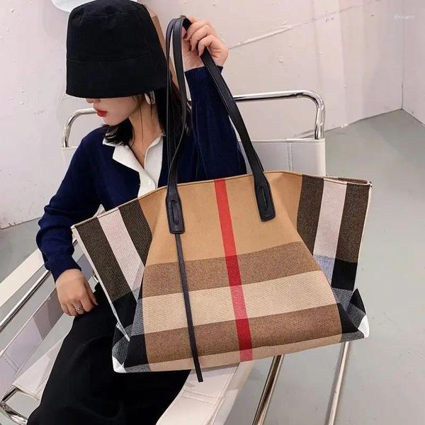 Drawstring Large Capacity Women Handbag Fashion Stripe Canvas Leather Female Top Handle Bag Retro Office Work Lady Shoulder
