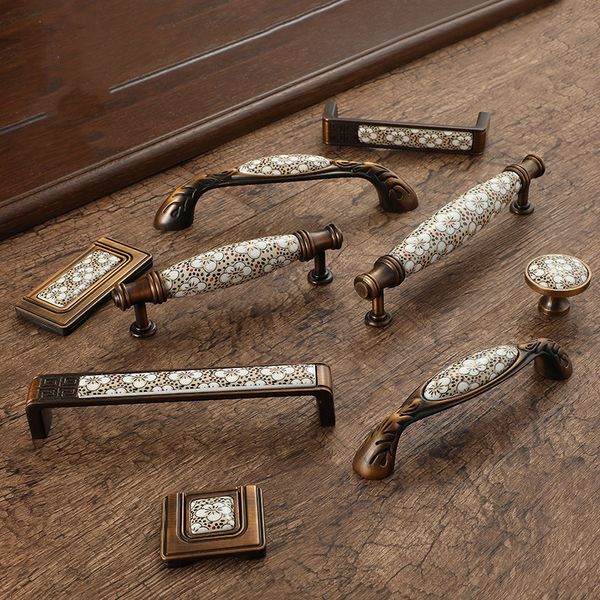 Antique Bronze Ceramic Cabinet Handles Vintage Drawer Knobs Wardrobe Door Handles European Furniture Handle Hardware