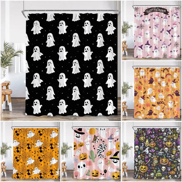 Cute Ghost Cartoon Pattern Shower Curtain Pumpkin Lantern Orange Pink Bathroom Decoration Childrens Happy Halloween Bathtub 240828