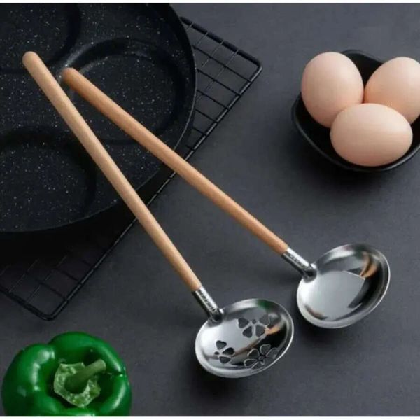 Style Japanese Beech Wood Stainless Steel Soup Ladle Long Handle Wooden Spoon Kitchen Cooking Utensil 0523 En