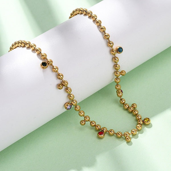 Colliers à pampilles rondes plates en acier inoxydable 304 avec chaîne à billes et zircone cubique colorée pour femmes