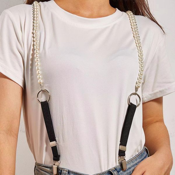 Suspenders Skinny Rhinestone Crytal Silver Claw Beads Suspenders For Women Shirt Garters Rubber Elastic Belt Pearl Braces For Jeans Strap 23