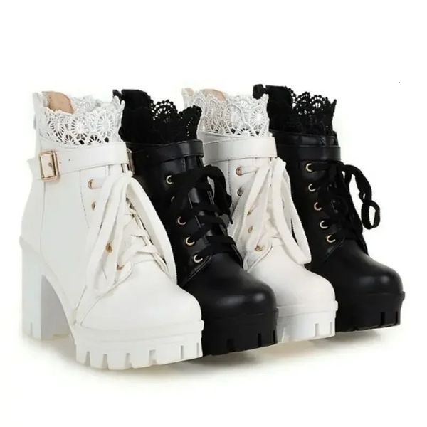 Great Quality Block High Heels Women Ankle Boots White Shoes Lace Decor Up Chunky Heeled Fashion Platform Verclo 241107