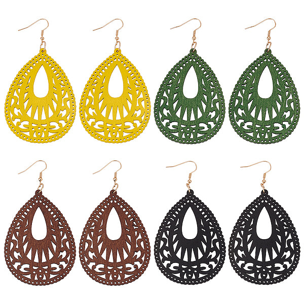 4 paire de boucles d'oreilles pendantes en bois bicolores pour femmes