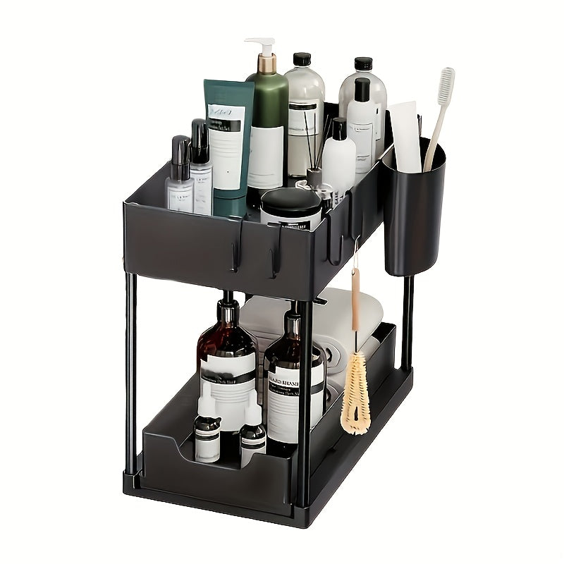 TEMU 2-tier Under Sink Organizer With Sliding Drawers And Hooks, Black Plastic Kitchen Storage Basket For Spices, Utensils, And Cleaning Supplies,
