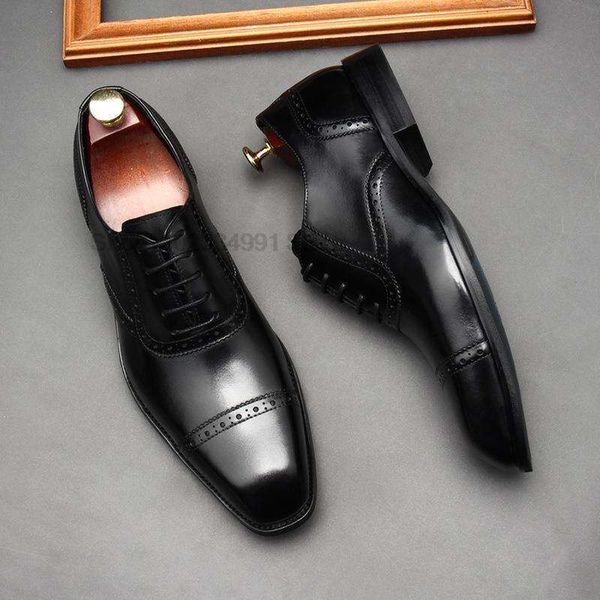Fashion Men&#039;s Oxford Genuine Leather Lace Up Party Office Formal High Quality Black Designer Cap Toe Dress Shoes For Men