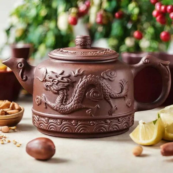 Large Capacity Handmade Dragon Phoenix Yixing Purple Sand Ceramic Tea Pot - Household Kung Fu Tea Set 600ml - Exquisite Chinese Y250117