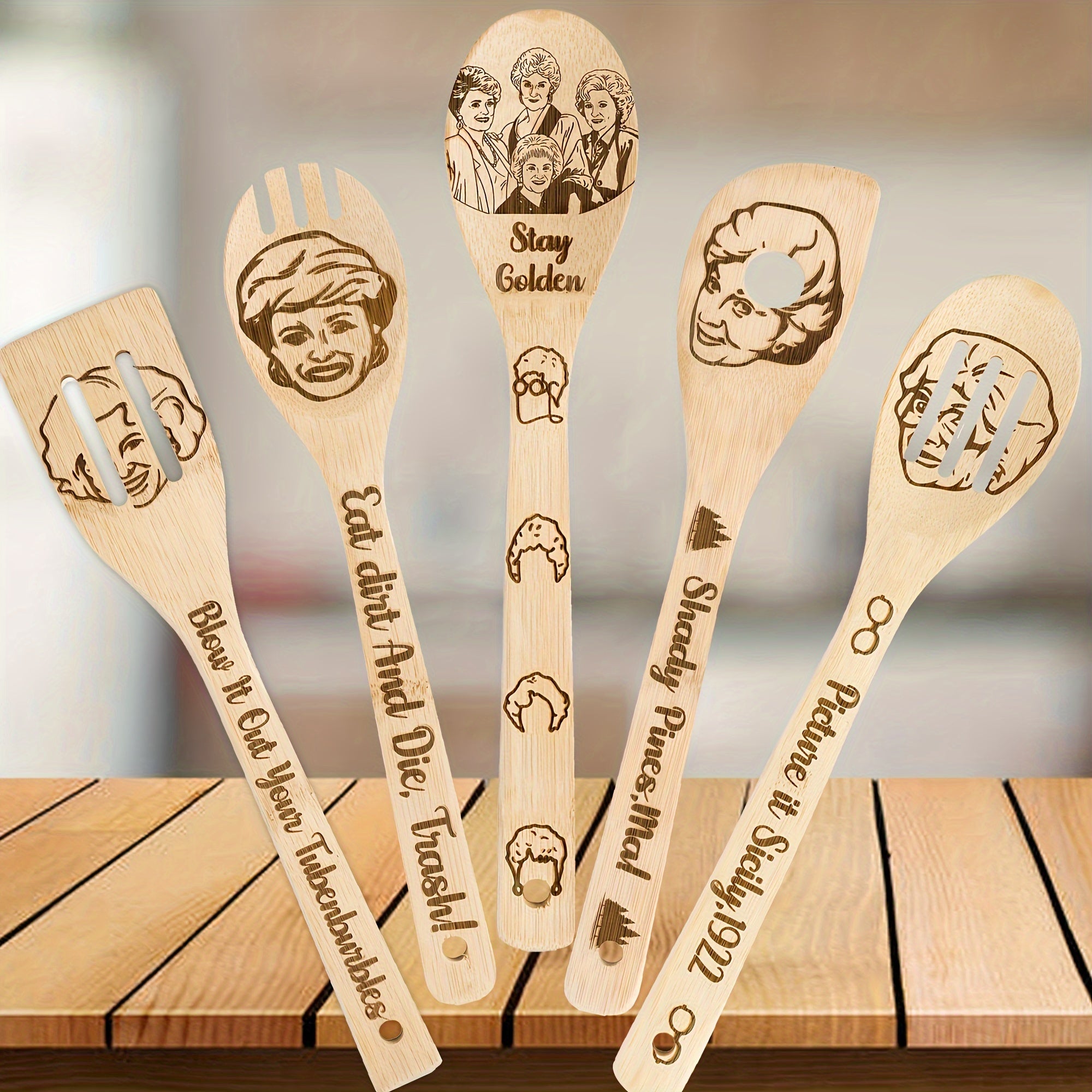 TEMU 5pcs Funny Wooden Cooking Spoon Spatula Kitchen Utensils Set, Engraved Bamboo Cookware Gadget For Merchandise Gift Housewarming Birthday Present