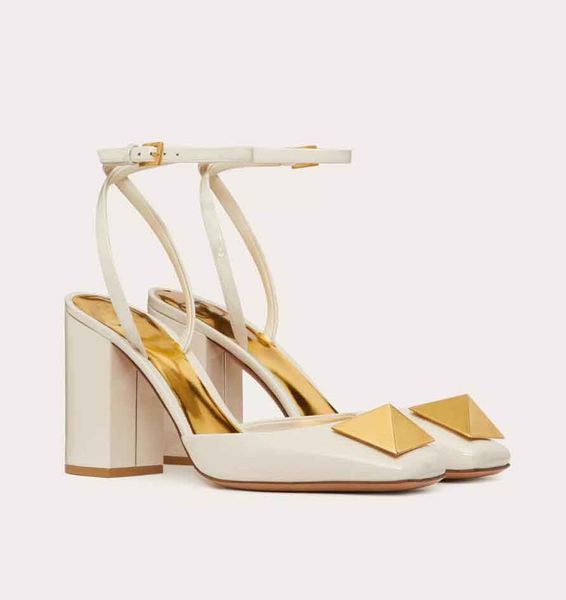 Top Luxury Women Sandals Shoes Patent Leather Maxi Rivets Ankle Strap Pump Party Wedding Studs High Heels Lady Comfort Walking EU35-42 With