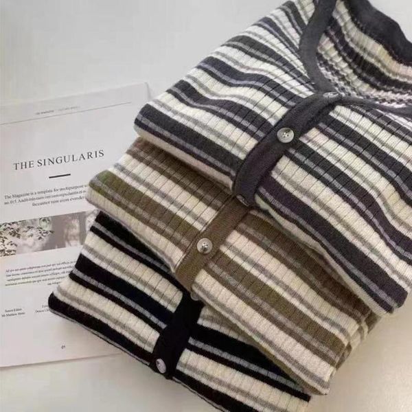 Womens Fashion Popular Sweaters Sweater Manufacturer Genuine Korean Style Retro Fashionable Simple Casual All-match Long Sleeve Collar Strip