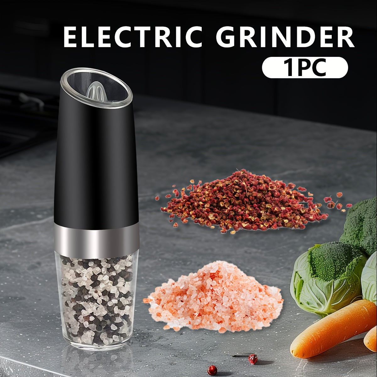 TEMU 1-2pcs Gravity Electric Pepper And Salt Grinder Set With Adjustable Coarseness Battery Operated Led Light Stainless Steel (battery Not Included)