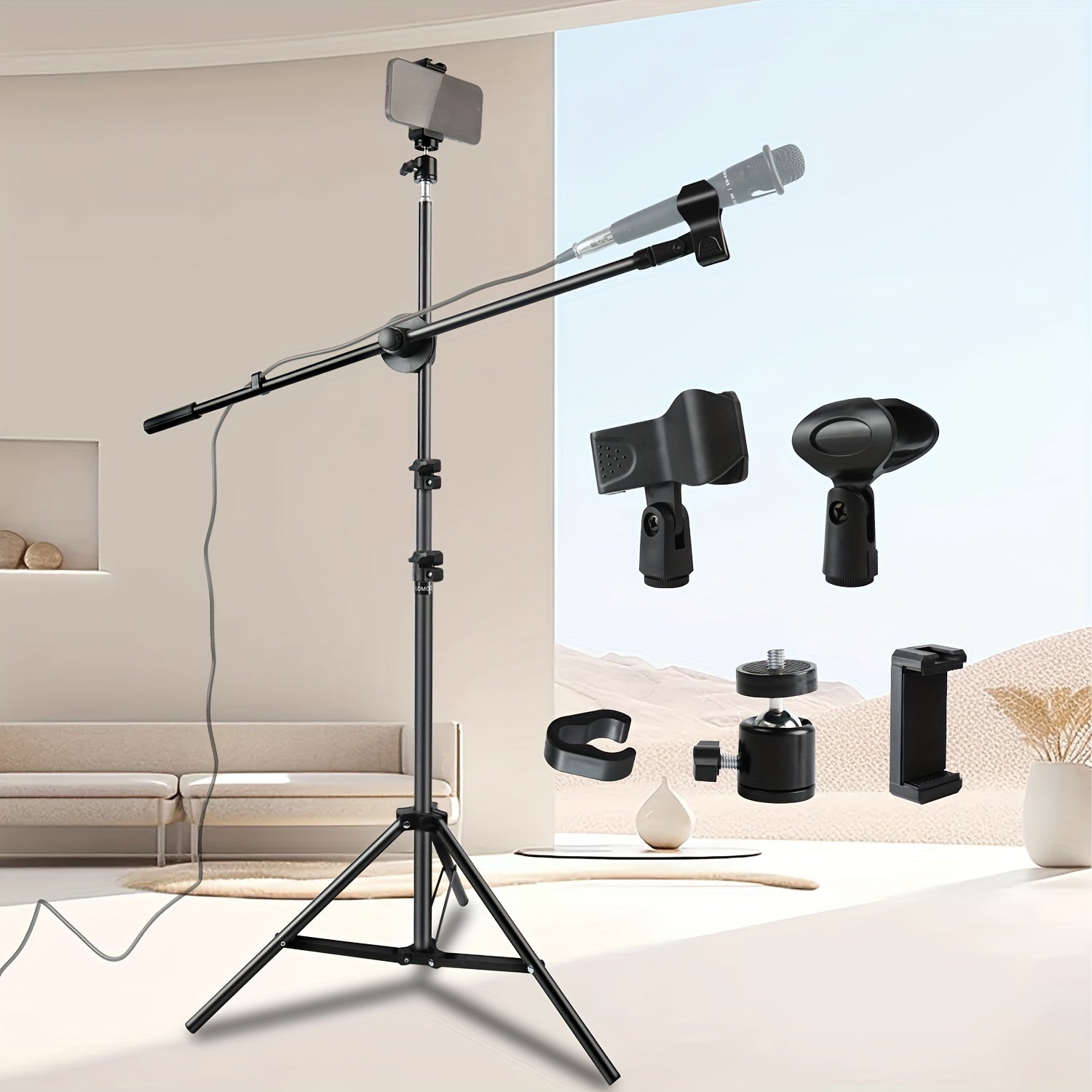 TEMU Lomoo Adjustable Tripod Microphone Stand With Boom Arm, Floor Mount Metal Mic Stand With Dual Mic Clips And Phone Holder For Live Performances,