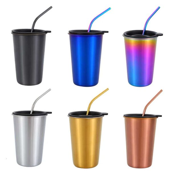 Coffee 500ml Steel 304 Stainless Set Metal Straw Switch Lid Reusable Tumbler Outdoor Camping Travel Mug Drinking Juice Tea Beer Cups