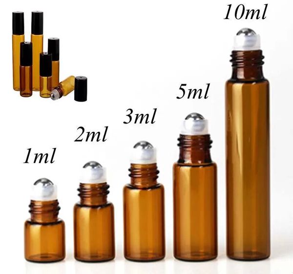 1ml 2ml 3ml 5ml 10m Amber Perfume Glass Roll on Bottle with Glass-Metal Ball Brown Roller Essential Oil Vials
