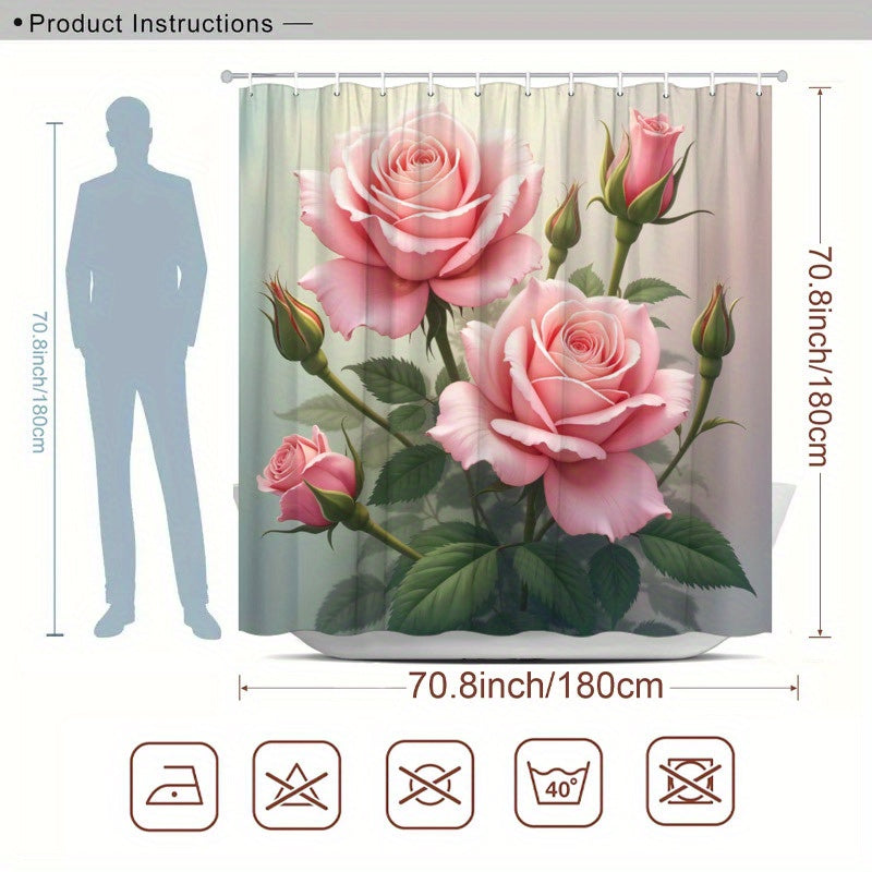 TEMU [2d Flat Printing] 1pc Shower Curtain Delicate Buds Green Leaves Pastel Background Romantic Bathroom Decor Bathtub Curtain Includes 12 Hooks