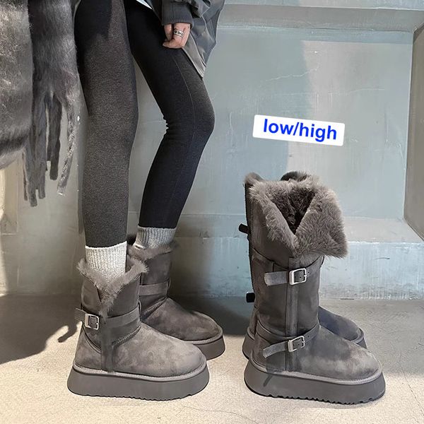 Grey thick sole fashion high tube plus cashmere warm snow boots 2025 winter new belt buckle short tube women&#039;s cotton shoes Free Shippi