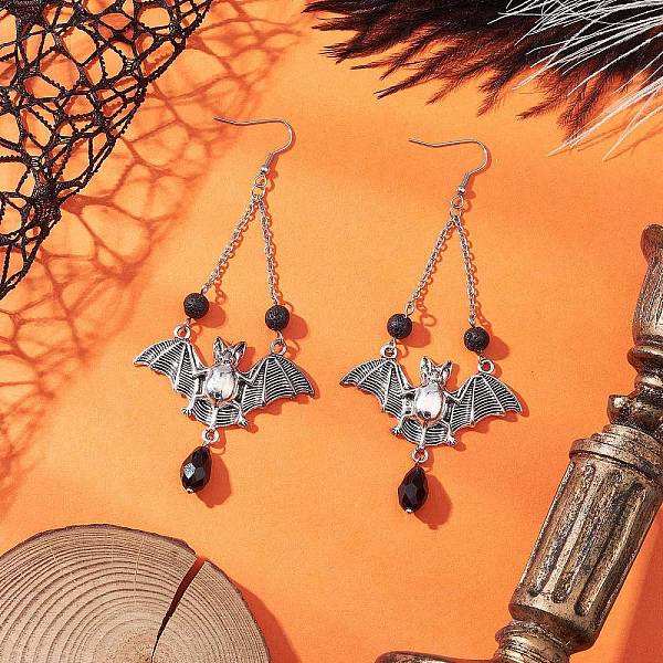 Boucles d'oreilles pendantes en alliage de style tibétain avec chauve-souris d'Halloween