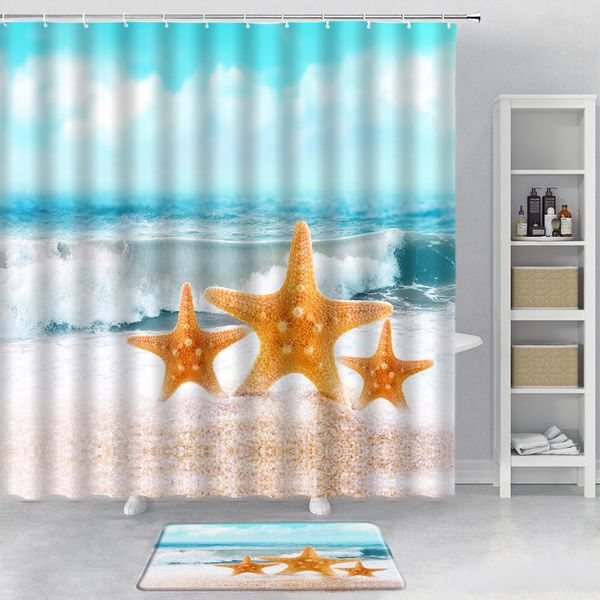 Shower Curtains Ocean Beach Scenery Shower Curtain Set Tropical Palm Trees Starfish Bathroom Decor Bath Curtains with Non-slip Bath Mat Rug