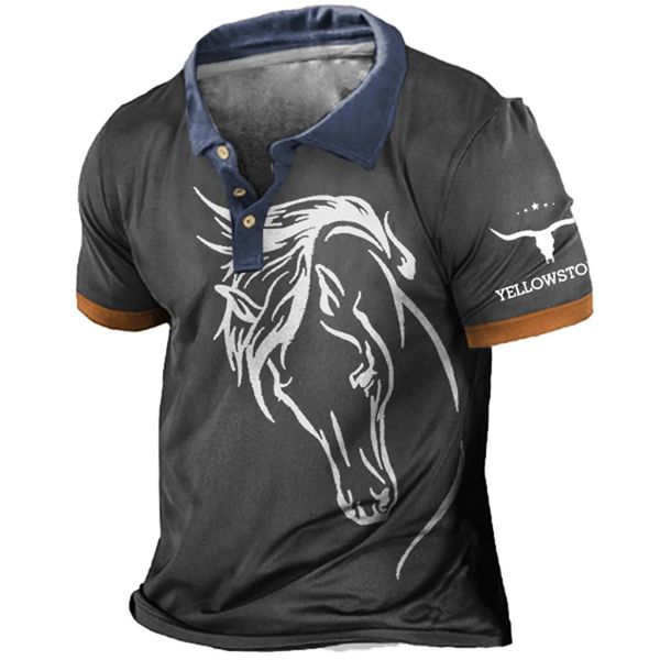 Man Polo Shirts Vintage Men&#039;s Short Sleeve Summer Cowboy Printed Tops Clothing Everyday Male Casual Lapel Button Tshirts 240119