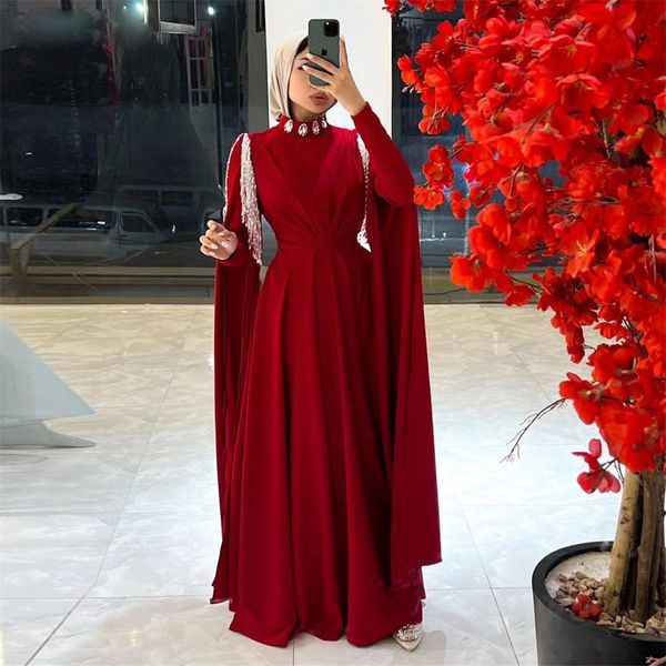 Red Teassel Beading Muslim Prom Dresses High Collar A Line Arabic Dubai Formal Party Gown Satin Floor Length Kafan Evening Wear