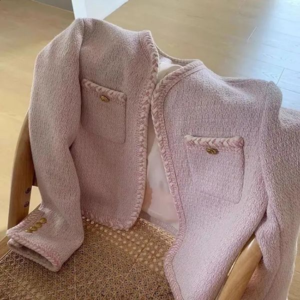 Women Spring Autumn Fashion Solid Color Tweed Coat Female Short O-neck Jackets Ladies Long Sleeve Loose Outerwear Q204 240812