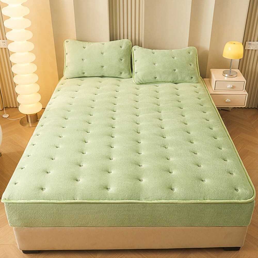 Soft Warm Quilted Fitted Sheet Mattress Cover, Green - Pillowcases(2 pcs)