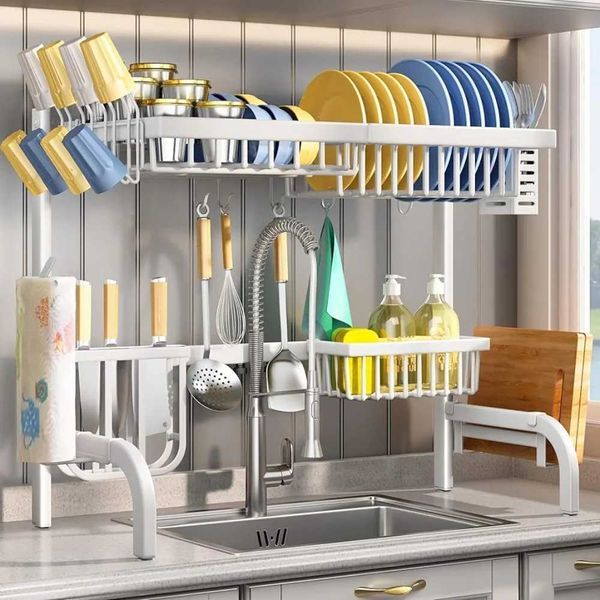 Utensil Racks Over The Sink Dish Drying Rack Adjustable 2 Tier Metal Steel Dish Drying Racks for Kitchen Counter Easy To Extend White S24730