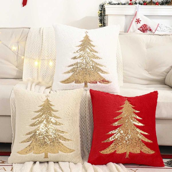Pillow Case 1 PC Gold Sequin Tree Throw Cover Winter Plush Embroidery Christmas Decoration Living RoomC241109